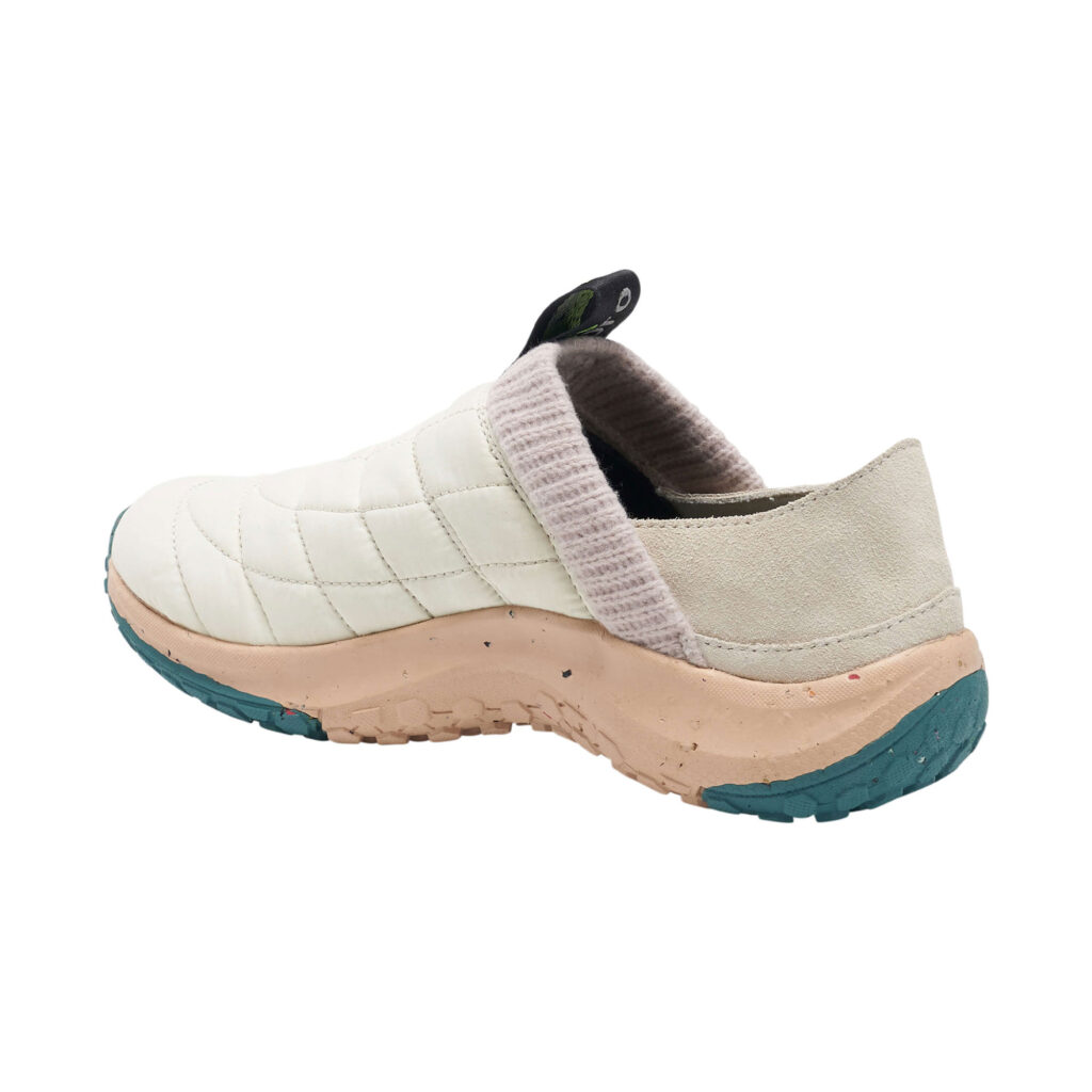 Back of Cream, pink, and teal slip on shoe