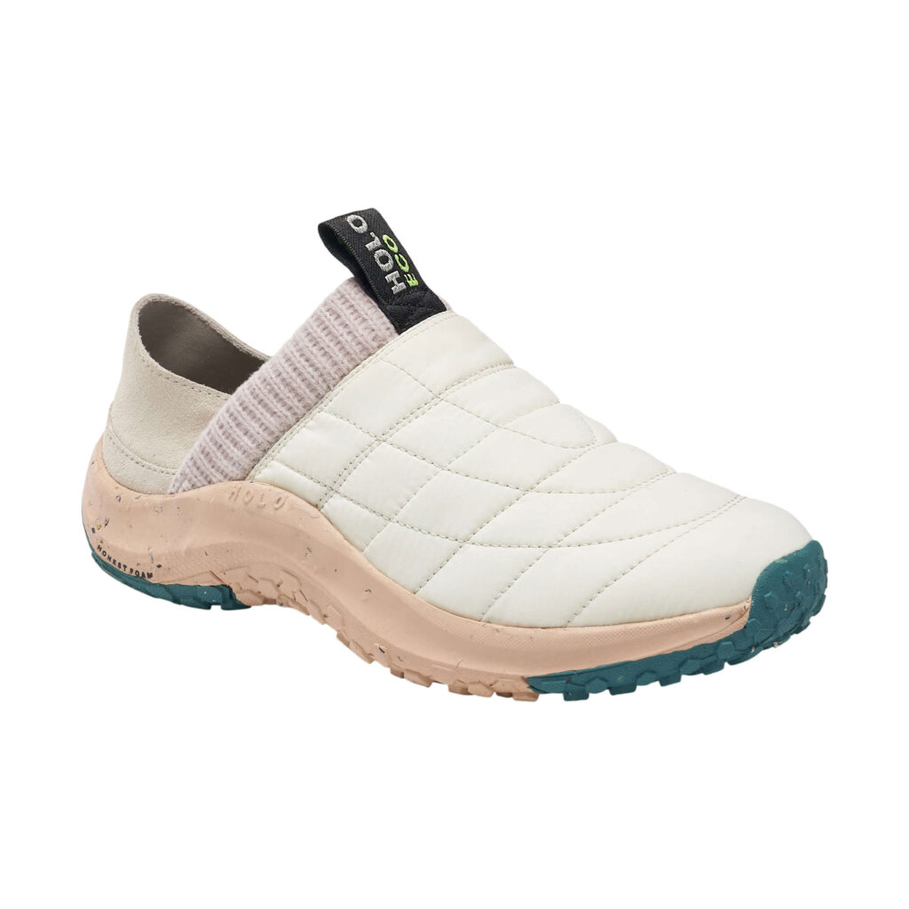 Front of Cream, pink, and teal slip on shoe